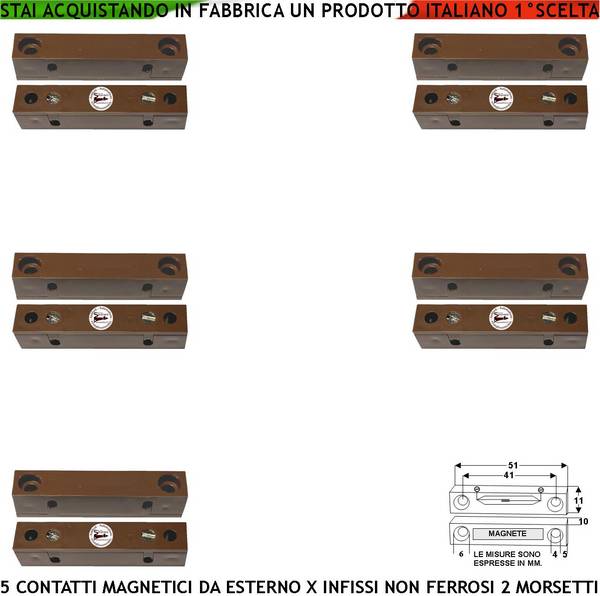 Rilevatore Magnetico Esterno 5 Pezzi Allarme Infissi Non Ferrosi Contatto Reed Uscita NC Sensibilità Magnetica 13 mm T