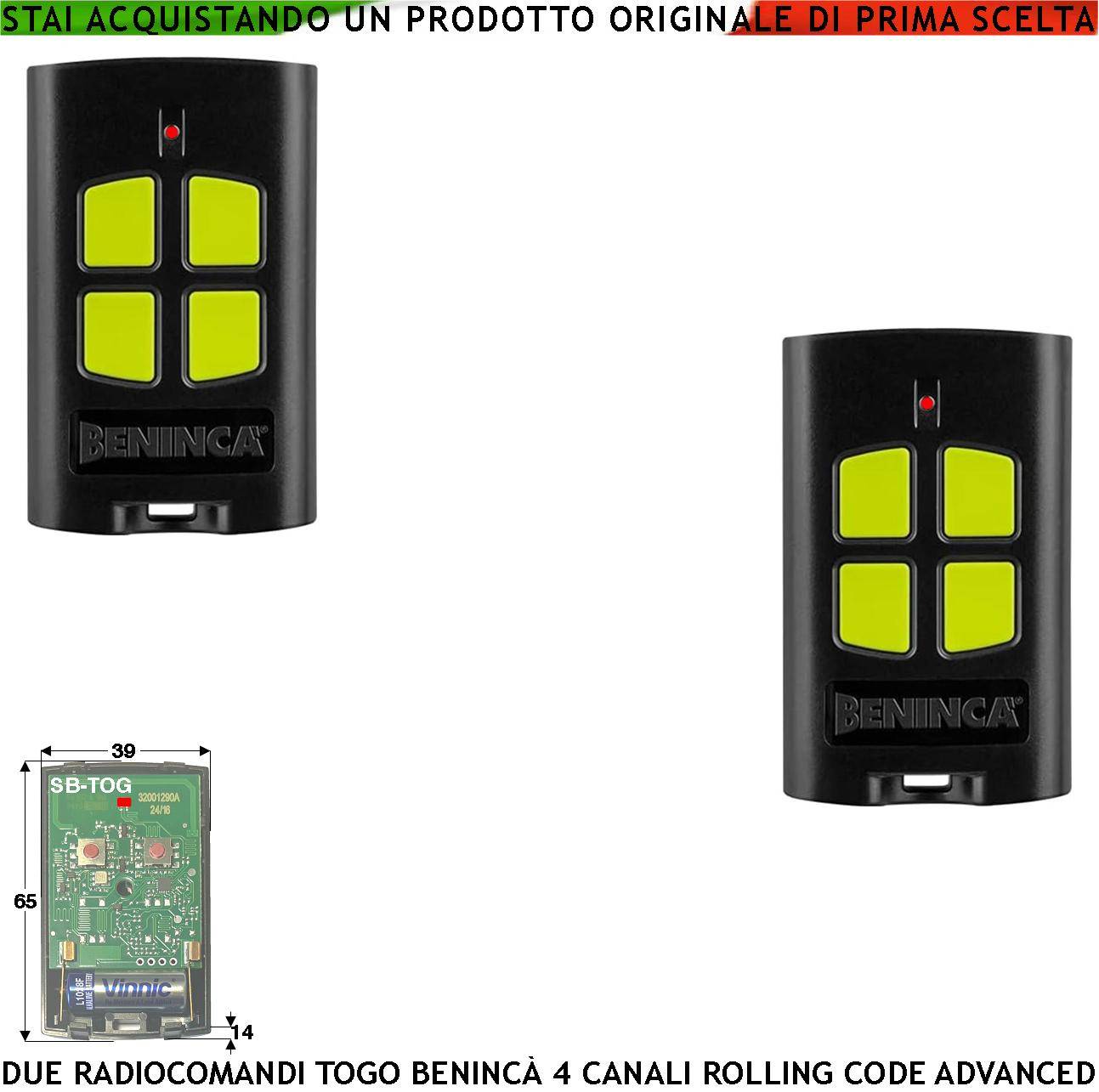 Radiocomando 2 Trasmettitori TO.GO 4 Canali Freq. 433,92 MHz Portata Radio 60/100 Metri Codice Advanced Rolling Code 1-0