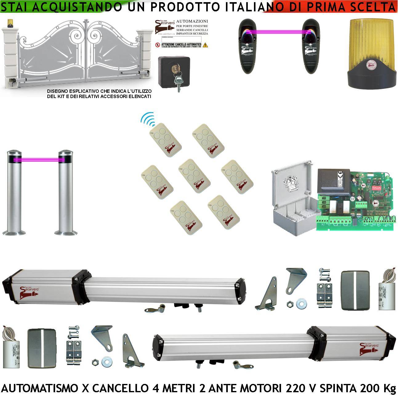 Automatismo Cancello 4 Metri 2 Ante da 2 MT Kit Motori Elettromeccanici 230 V Sblocco Corsa 300 mm Spinta 2 Q.li Staff-0