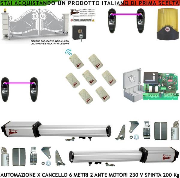 Kit Per Cancello Elettrico 6 Metri 2 Ante da 3 MT Motori Elettromeccanici 230 V Corsa 500 mm Spinta 2 Q.li Sblocco Sta