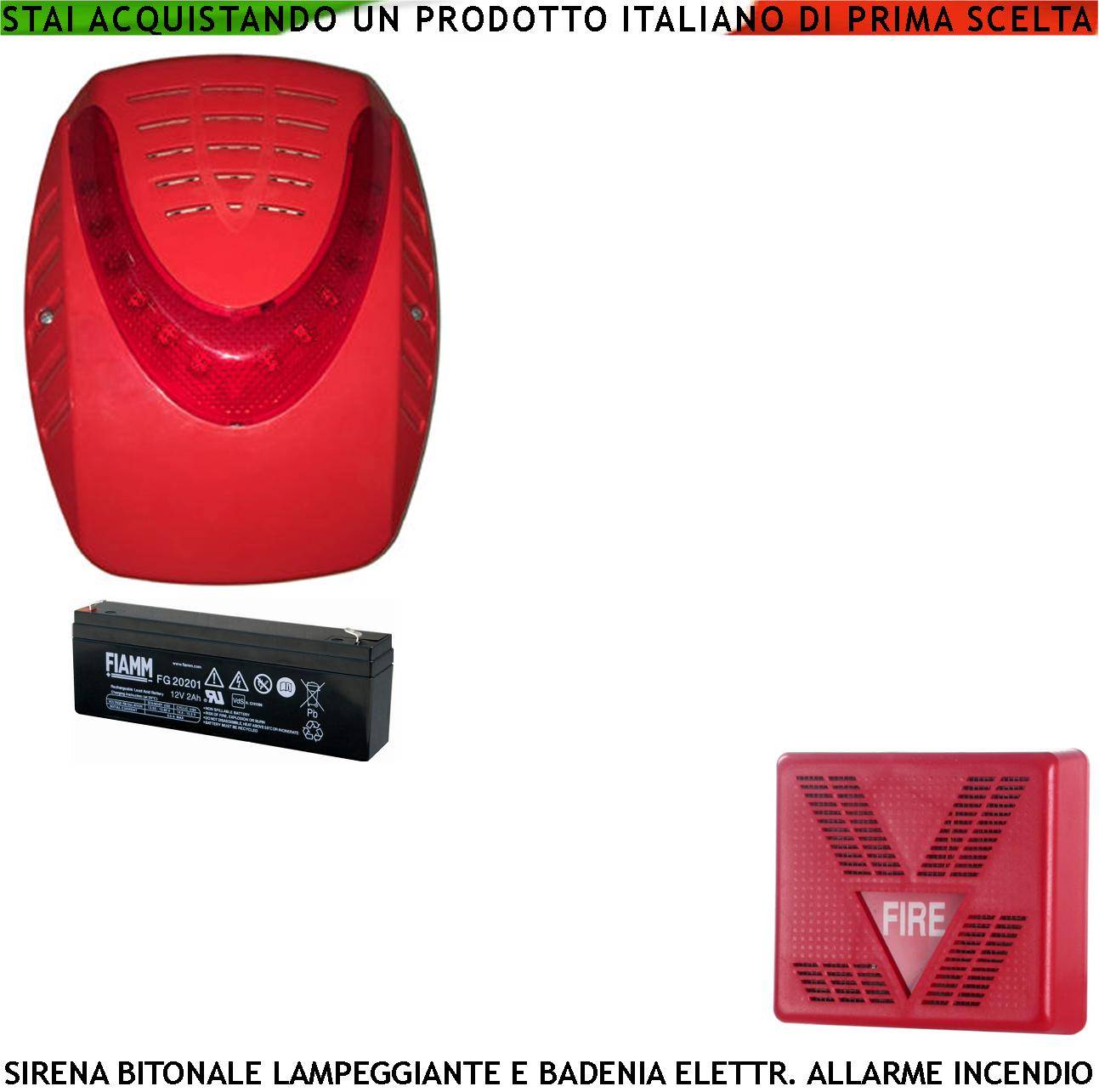 SIRENA LAMPEGGIANTE ROSSA ESTERNA CON SOTTOCOPERCHIO ANTISCHIUMA E SIRENA INTERNA SEGNALE ALLARME INCENDIO ALIMENTATE-0