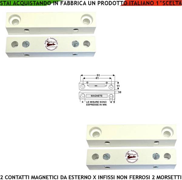 Rilevatore Magnetico Esterno 2 Pezzi Allarme Infissi Non Ferrosi Contatto Reed Uscita NC Sensibilità Magnetica 13 mm T