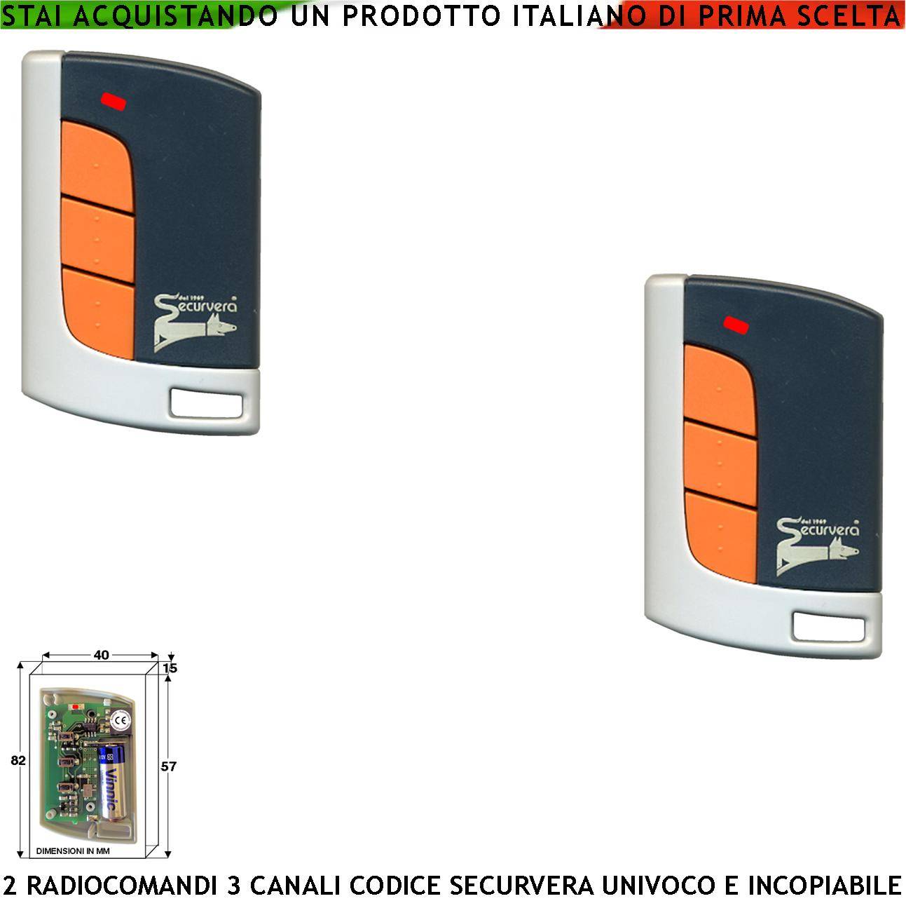 Telecomando Radiocomando 3 Canali 2 Pezzi Frequenza 433,92 MHz Potenza 1 mW Portata Aria Libera 60/100 MT Codice Sicur-0