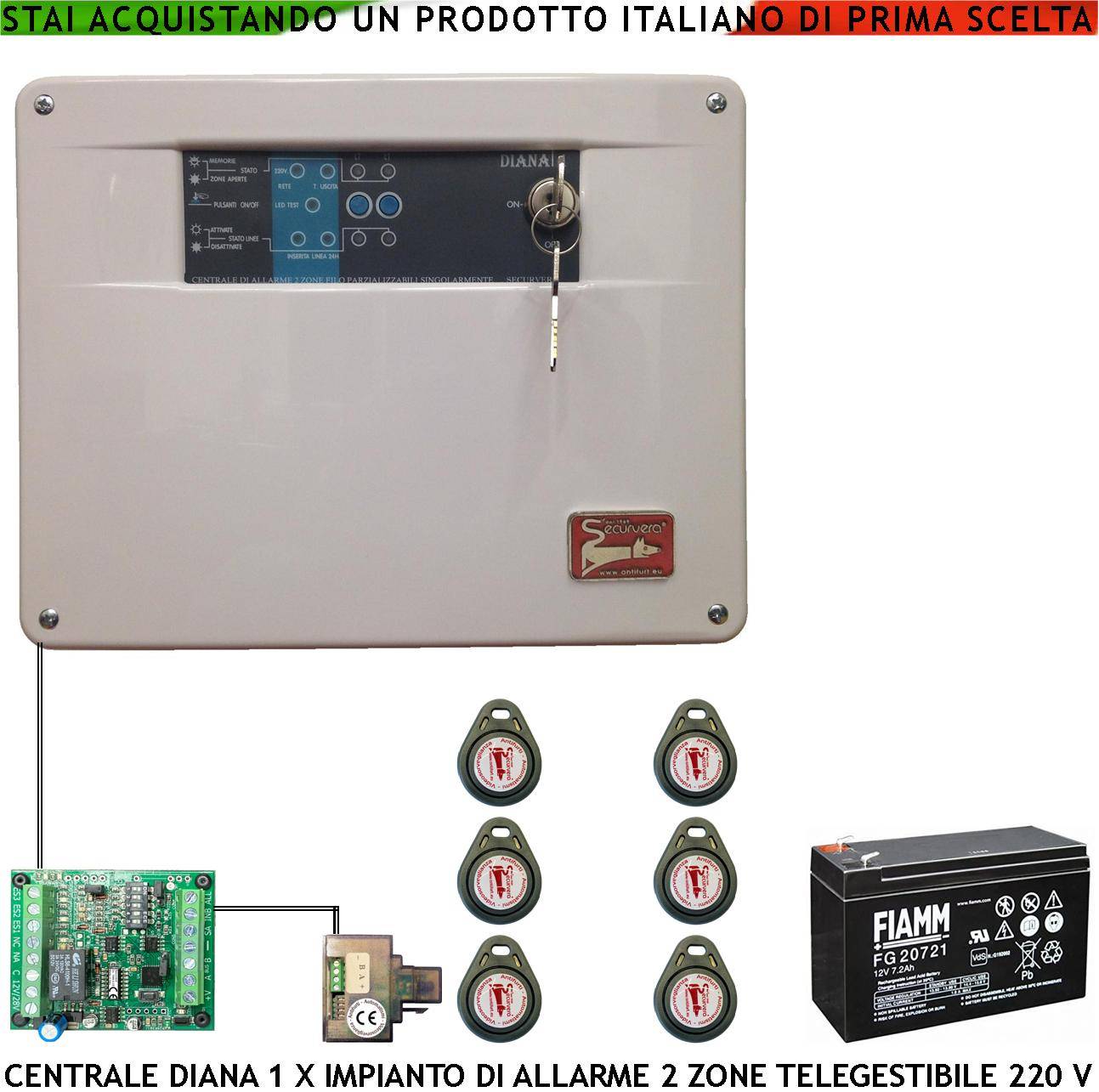 Diana Centrale 2 Zone Allarme 6 Chiavi TAG 2 Meccaniche Batteria 12 V 7 Ah per Impianto Antifurto Filare. Gestisce Sen-0