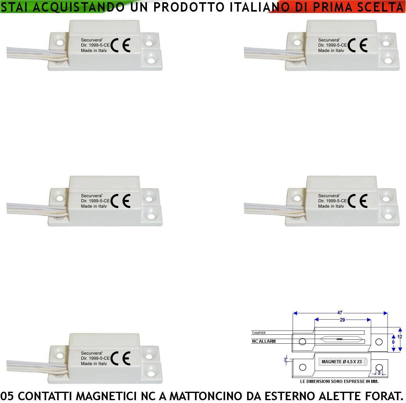 Sensori Magnetici Esterno 5 Pezzi Sensibilità Magnetica 13 mm Contatto Reed NC Sottovuoto Tensione Max 30 V 0,5 Ah Car-0