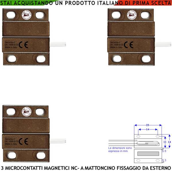 Contatto Magnetico Micro Marrone Per Allarme di Infissi 3 Pezzi Reed NC in Ampolla Sottovuoto Campo Attrazione 10 mm T