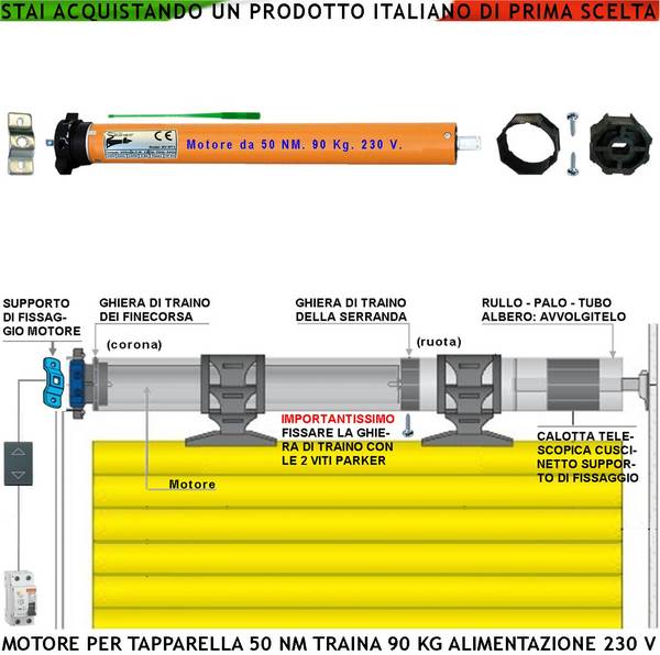Tapparella Automatica Motore 230 V 220 W Potenza di Traino 50 Nm Circa 90 KG Blocco Sollevamento Telo Fine Corsa Regol
