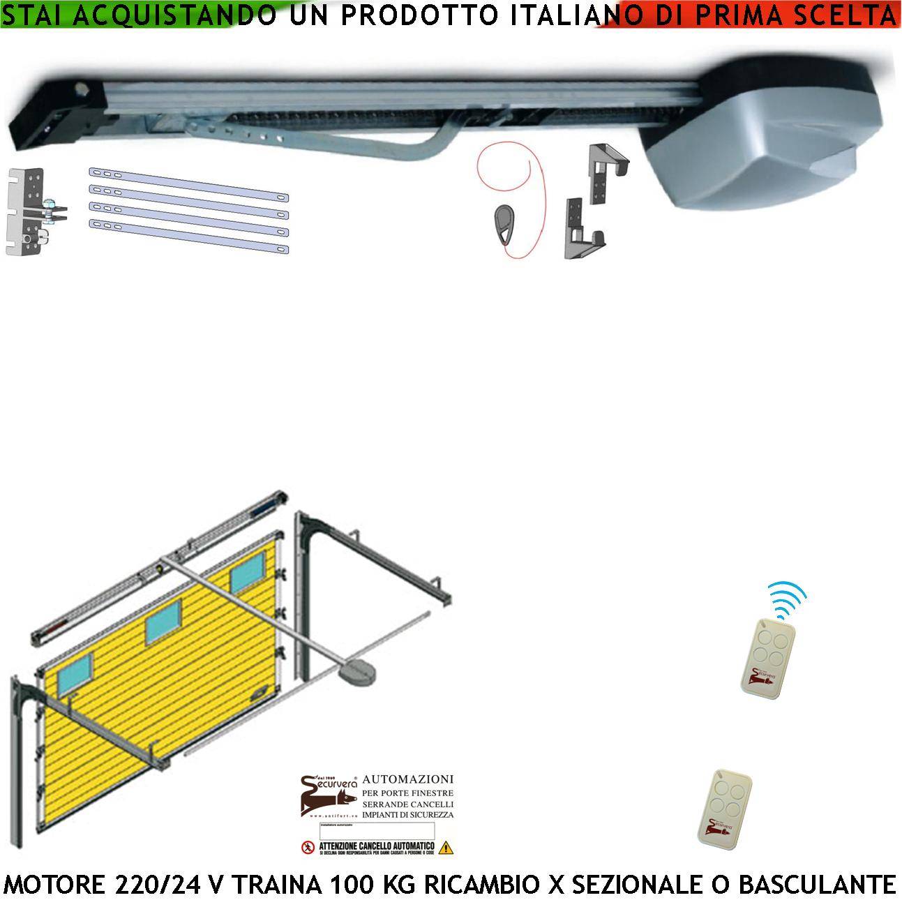 PORTA BASCULANTE O SEZIONALE 100 KG MOTORE 220/24 V AUTOMATISMO AUTOREVERSE 2 RADIOCOMANDI BINARIO 3 MT SBLOCCO INTERN-0