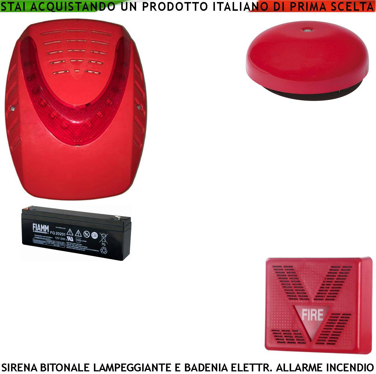 SIRENA LAMPEGGIANTE LED ANTISCHIUMA ESTERNA BADENIA SIRENA INTERNA ALLARME INCENDIO ALIMENTATE 24 VCC 2 BATTERIE 12 V-0