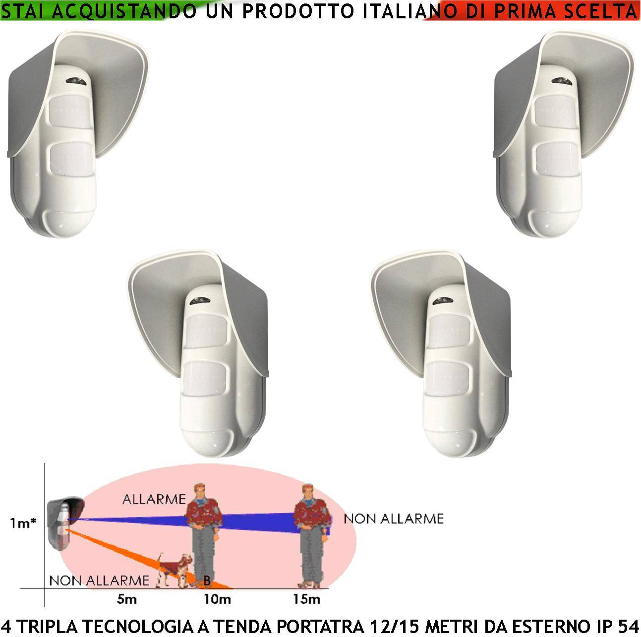 Sensore Movimento Tripla Tecnologia da Esterno 4 Pezzi Portata 12/15 Metri Grandangolo o Tenda Regolabile da 5 a 12 Me-0