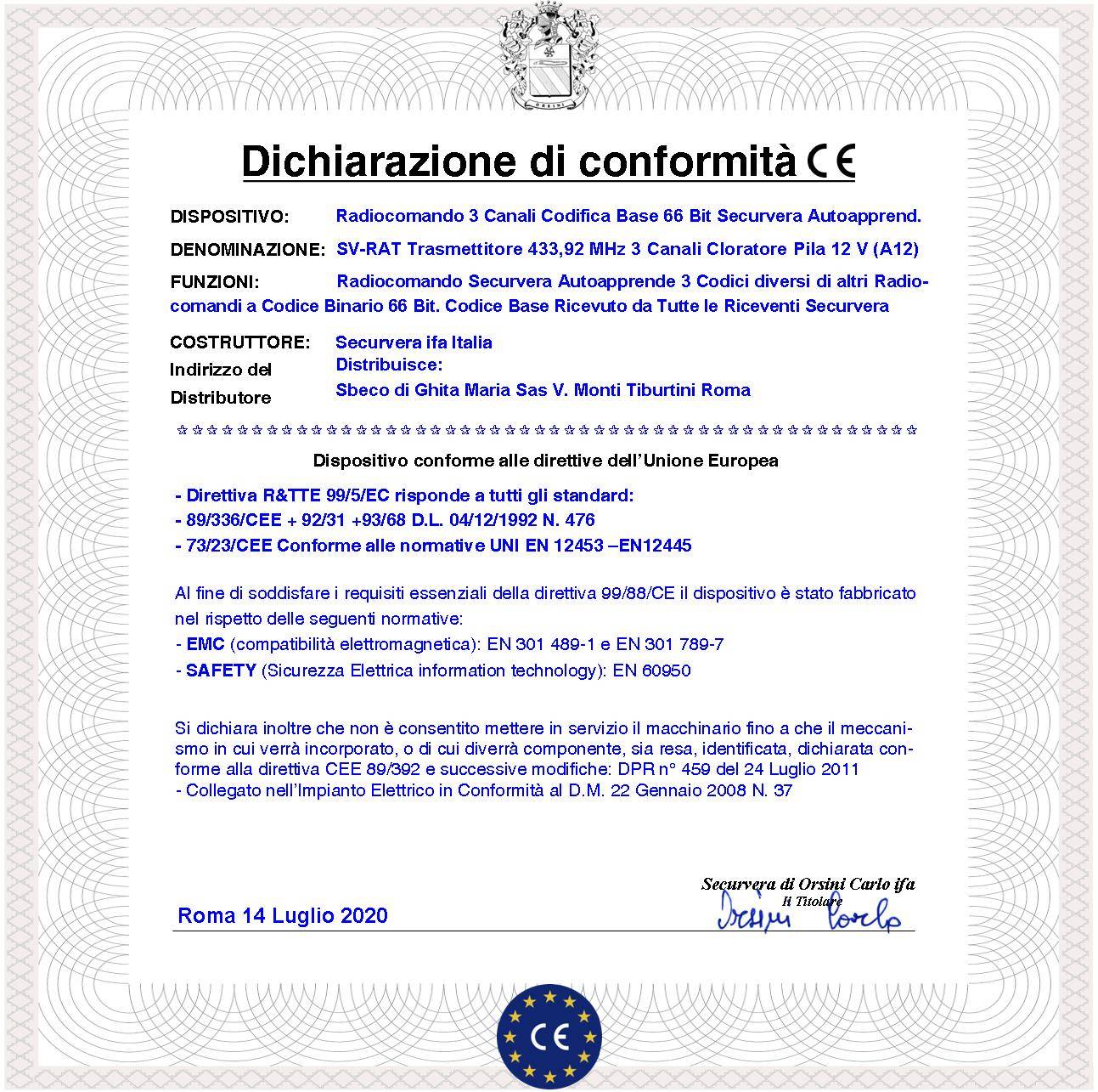 Duplica Telecomandi 3 canali 3 Radiocomandi Frequenza di Trasmissione 433,92 MHz Codifica di Sicurezza in default Secu-2