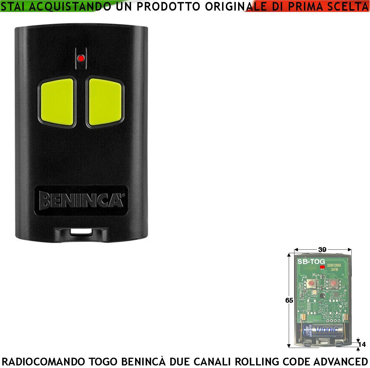 Radiocomando TO.GO 2 Canali Frequenza 433,92 MHz Portata Libera 60/100 MT Codice Sicurezza Advanced Rolling Code 128 B-0