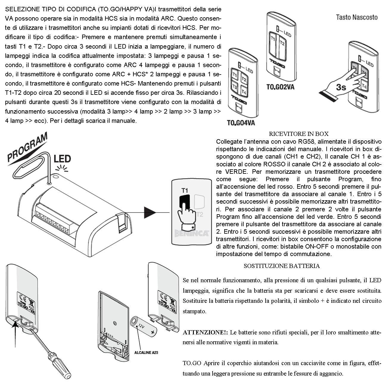 Radiocomando TO.GO 2 Canali Frequenza 433,92 MHz Portata Libera 60/100 MT Codice Sicurezza Advanced Rolling Code 128 B-2