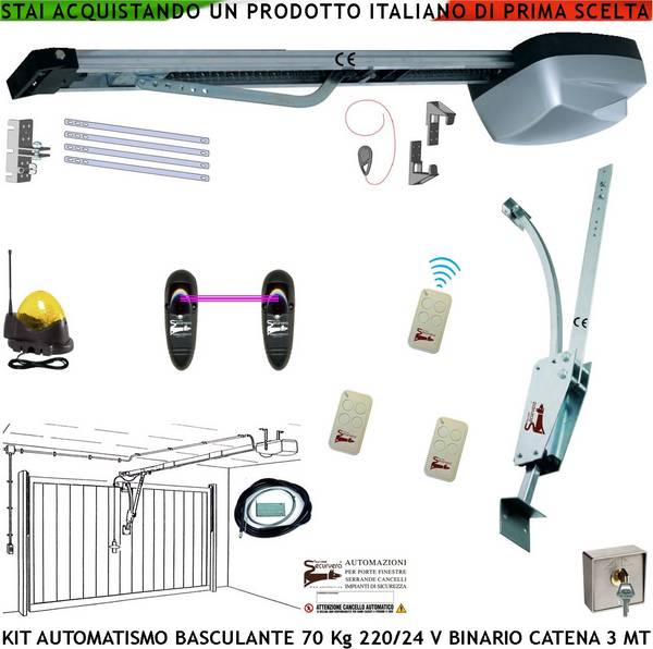 Kit Motore 220/24 V da Soffitto per Cler Basculante 70 Kg Automatica Selettore Binario Alluminio Catena Acciaio 3 Metr