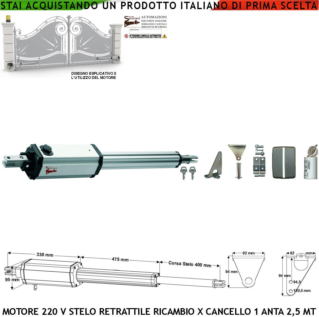 Pistone Elettromeccanico 230 V Stelo Retrattile Corsa 400 mm 220 V Per Cancello Battente Anta 2,5 Metri Spinta 250 Kg-0