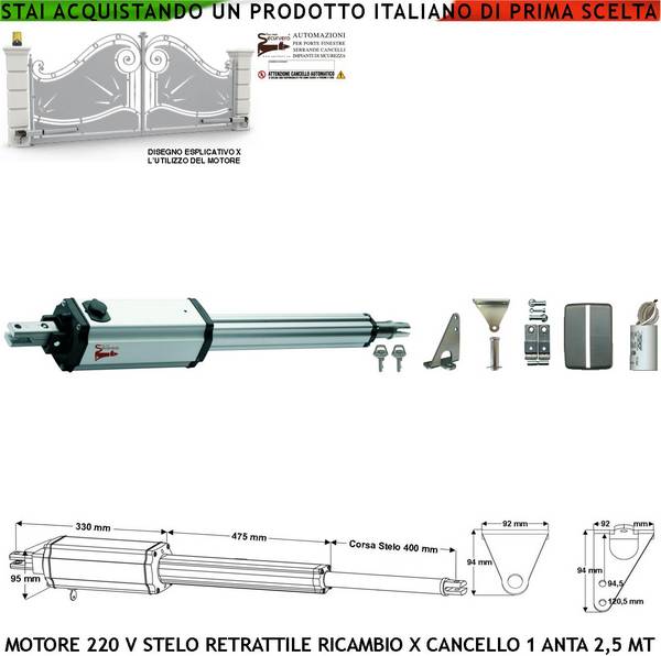 Pistone Elettromeccanico 230 V Stelo Retrattile Corsa 400 mm 220 V Per Cancello Battente Anta 2,5 Metri Spinta 250 Kg