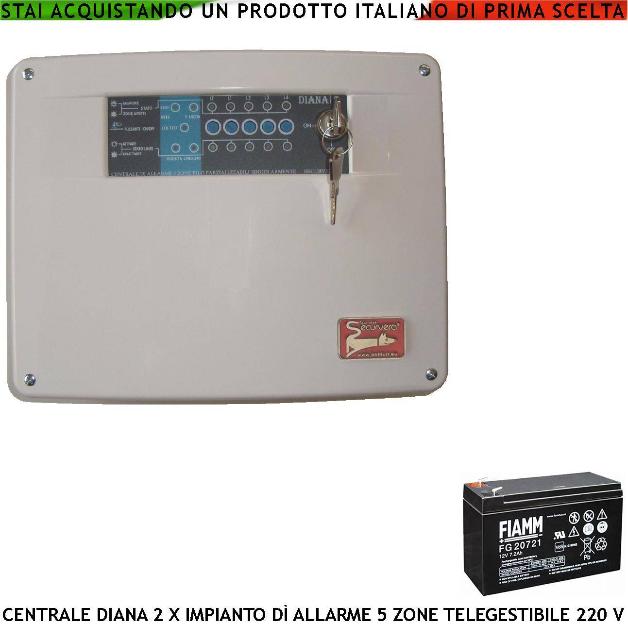 Centrale Antifurto Diana 5 Zone Batteria 12 V 7 Ah 2 Chiavi Meccaniche per Impianto di Allarme Filare. Gestisce Sensor-0