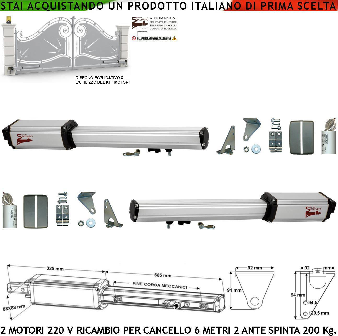 Motori Elettromeccanici 220 V Corsa 500 MM Spinta 2 Q.li Chiave di Sblocco sul Carrello di Traino 2 Condensatori 16 µF-0