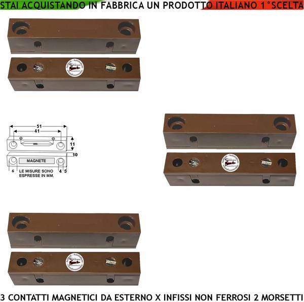Sensore Magnetico da Esterno 3 Pezzi Antifurto Contatto Reed Sottovuoto Uscita NC Sensibilità Magnetica 13 mm Tensione