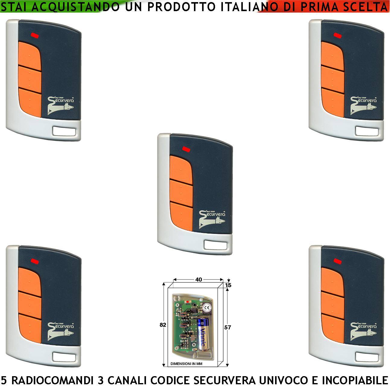 Telecomando Radiocomando Tre Canali Frequenza 433,92 MHz Potenza 1 mW Cinque Pezzi Portata Aria Libera 60/100 MT Codic-0