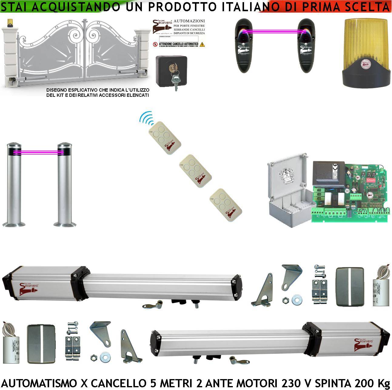 Automatismo Cancello 5 Metri 2 Ante da 2,5 MT Kit Motori Elettromeccanici 230V Sblocco Corsa 300mm Spinta 2 Q.li Staff-0