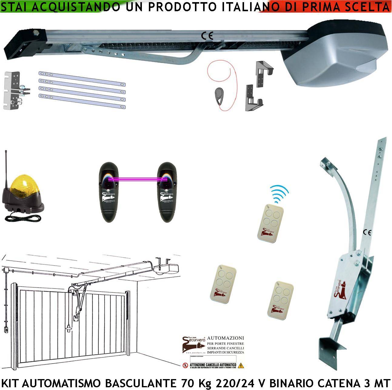 Kit Motore 220/24 V da Soffitto x Cler Porta Basculante 70 Kg Automatica Archetto Fotocellule 3 Radiocomandi Faro Ante-0