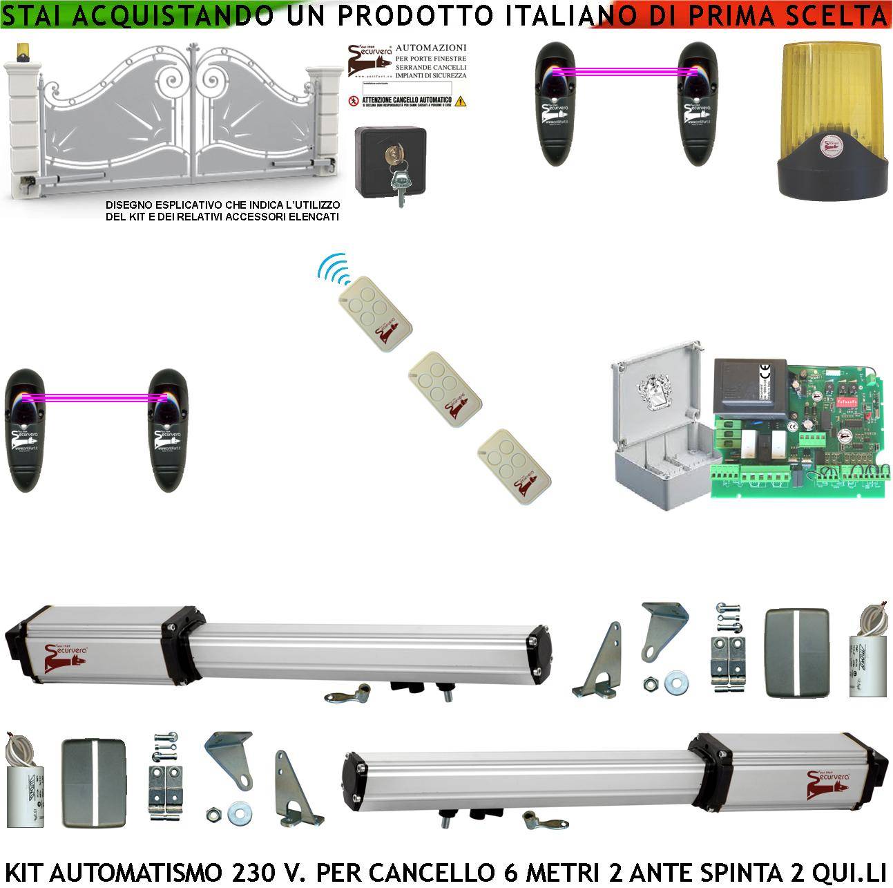 Automazione Cancello 6 Metri 2 Ante da 3,0 MT Kit Base 2 Motori Elettromeccanici 230 V Corsa 500 mm Spinta 2 Q.li Kit-0