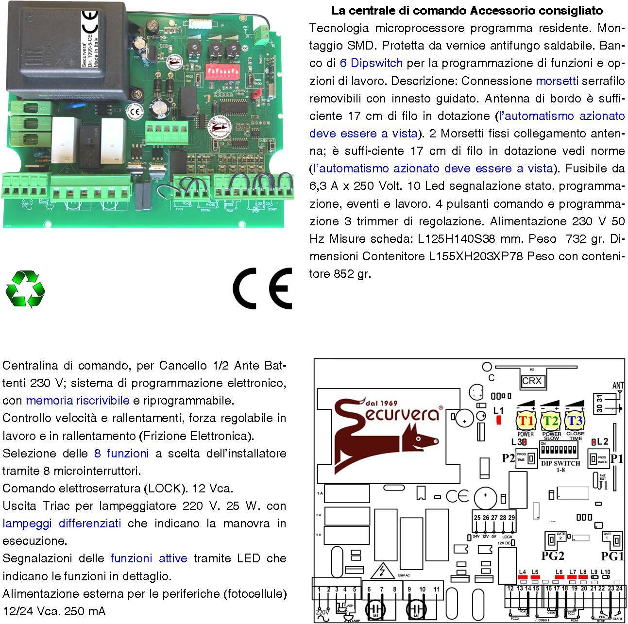 Automazione Cancello 6 Metri 2 Ante da 3,0 MT Kit Base 2 Motori Elettromeccanici 230 V Corsa 500 mm Spinta 2 Q.li Kit-2