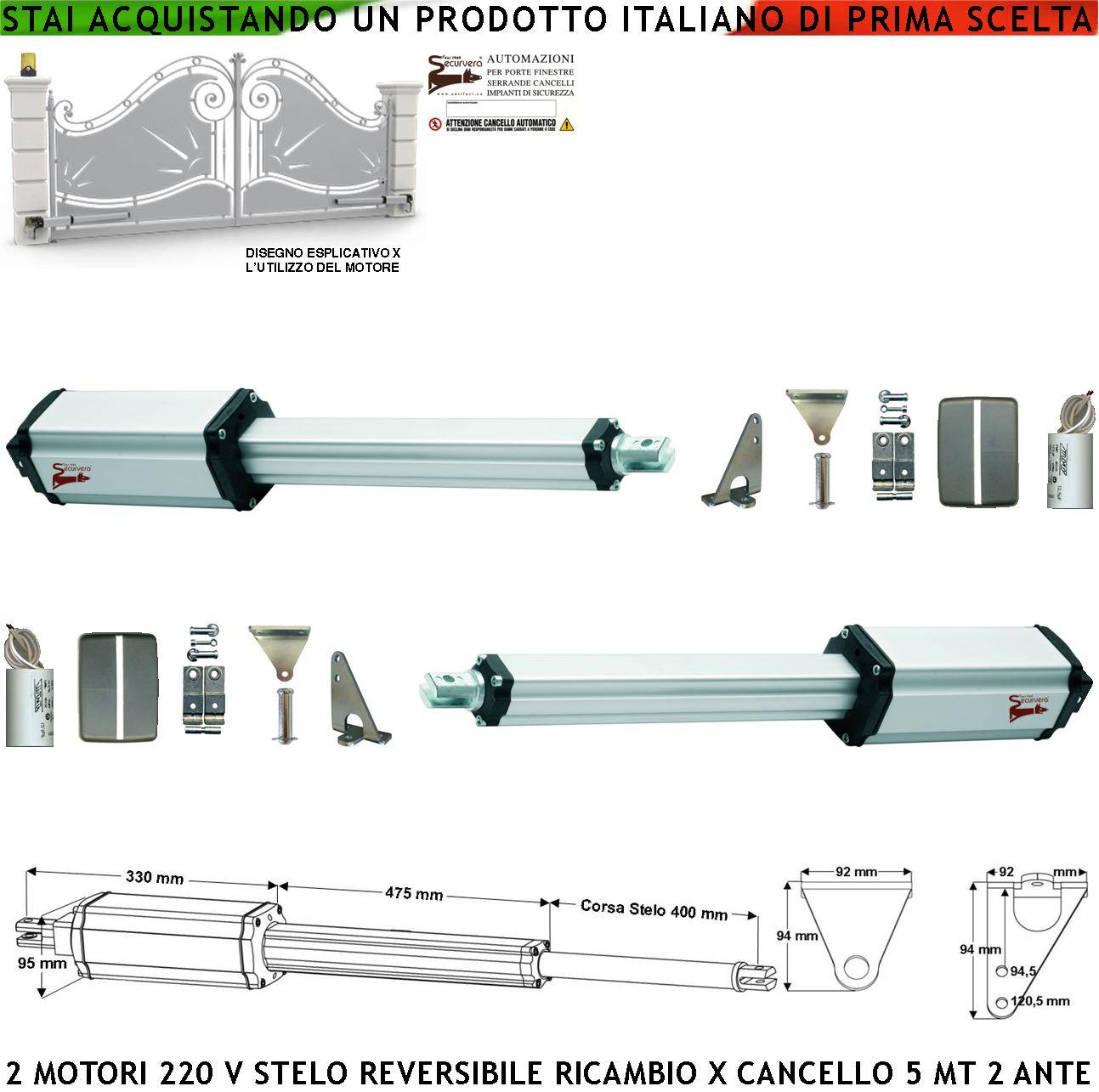 Pistoni Elettromeccanici Stelo Retrattile Reversibile Corsa 400 mm 230 V Per Cancello Battente 2 Ante da 2,5 Metri Spi-0