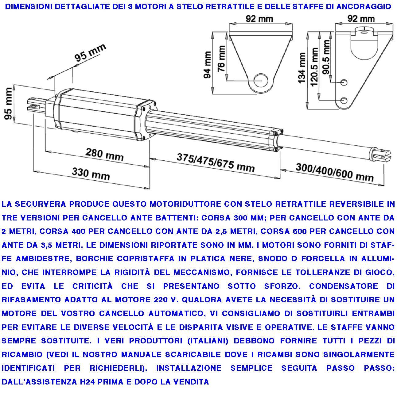 Pistoni Elettromeccanici Stelo Retrattile Reversibile Corsa 400 mm 230 V Per Cancello Battente 2 Ante da 2,5 Metri Spi-1
