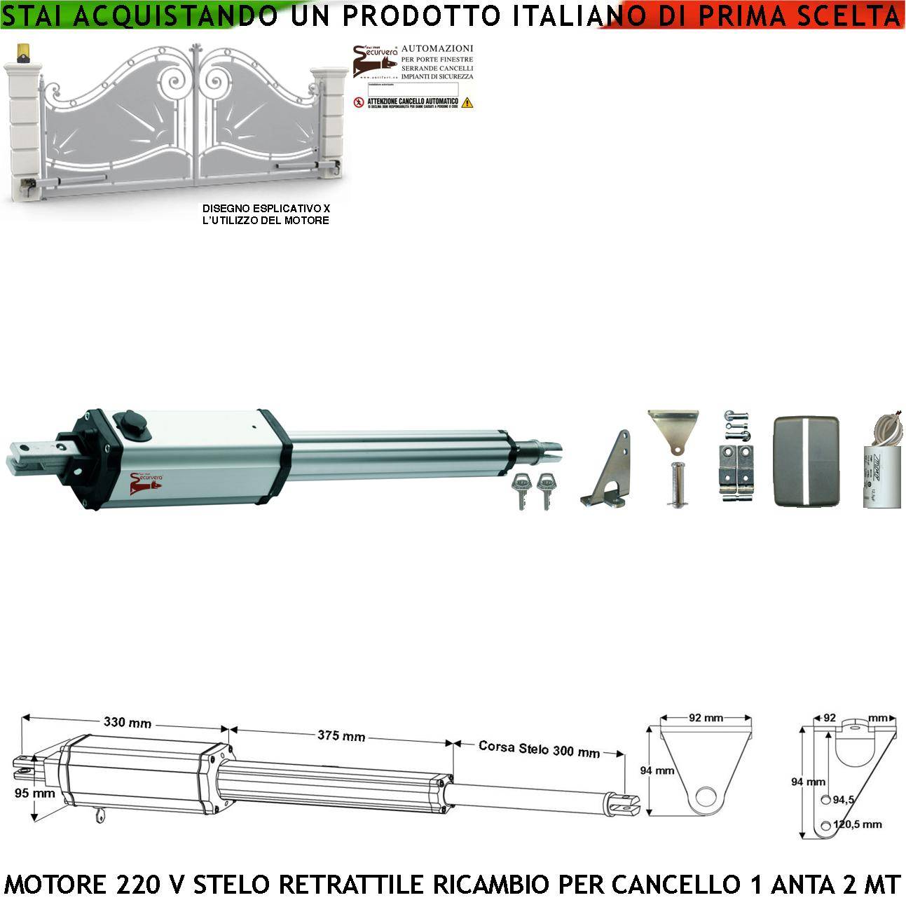 Pistone Elettromeccanico 230 V Stelo Retrattile Corsa 300 mm 220 V Per Cancello Battente Anta 2 Metri Spinta 250 Kg Sb-0