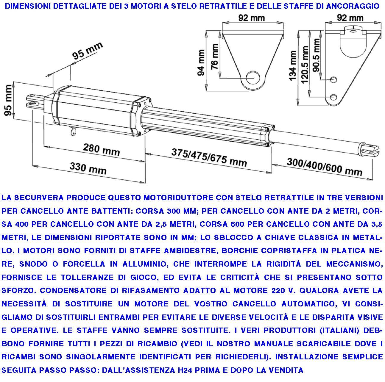 Pistone Elettromeccanico 230 V Stelo Retrattile Corsa 300 mm 220 V Per Cancello Battente Anta 2 Metri Spinta 250 Kg Sb-1