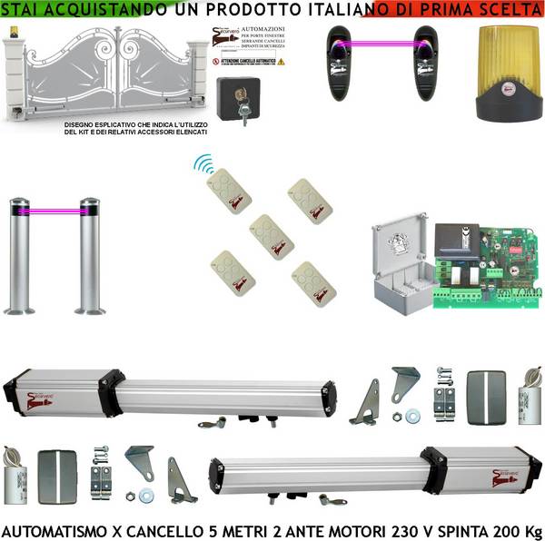 Cancello Automatico 5 Metri 2 Ante da 2,5 MT Kit Motori Elettromeccanici 230 V Sblocco Corsa 300mm Spinta 2 Q.li Staff