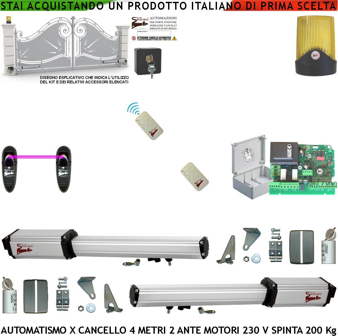 Apricancello Elettrico 4 Metri 2 Ante da 2 MT Kit Motori Elettromeccanici 230 V Sblocco Corsa 300 mm Spinta 2 Q.li Sta-0