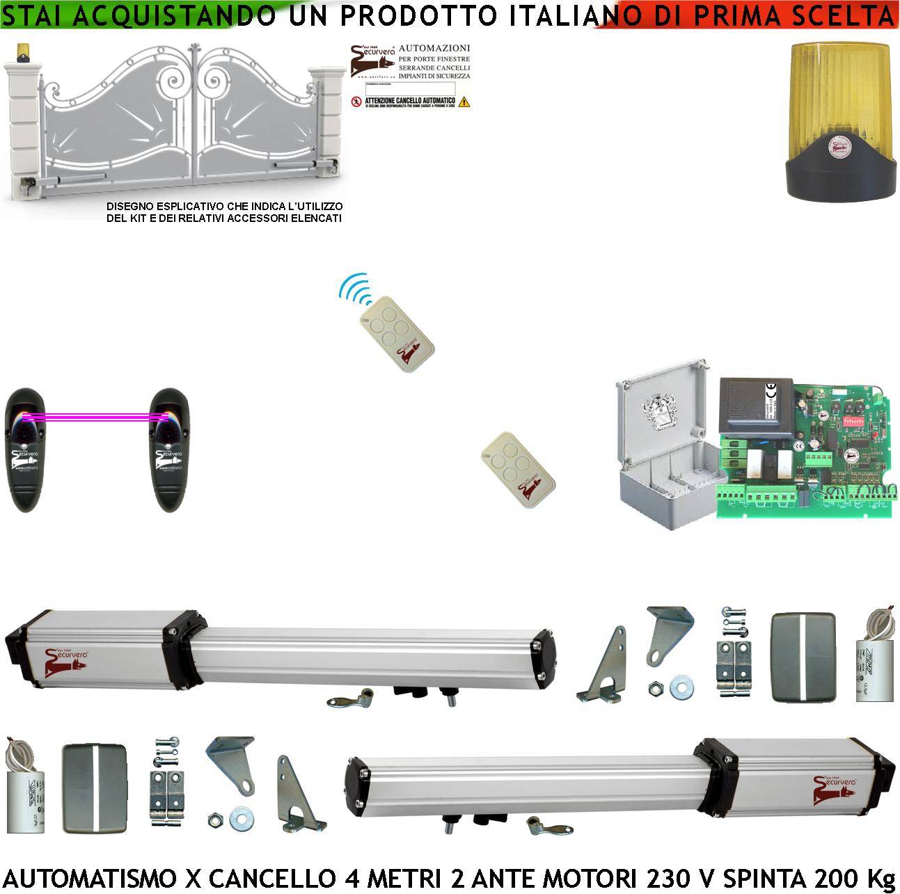 Automatismo Cancello 4 Metri 2 Ante da 2 MT Kit Base 2 Motori Elettromeccanici 230 V Corsa 300 mm Spinta 2 Q.li Staffe-0