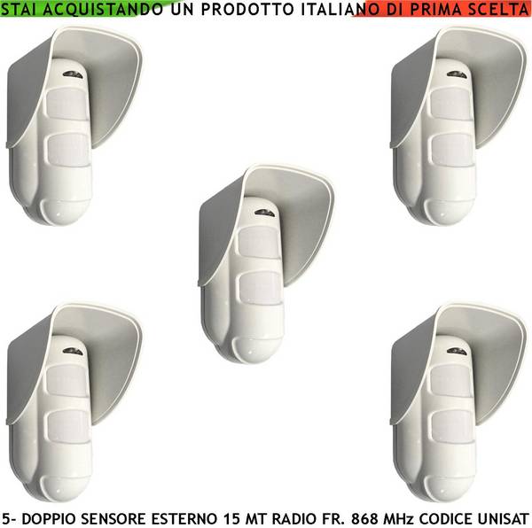 Rilevatore Movimento Doppia Tecnologia da Esterno 5 Pezzi Copertura 15 Metri Grandangolo o 25 Metri Tenda Via Radio Fr