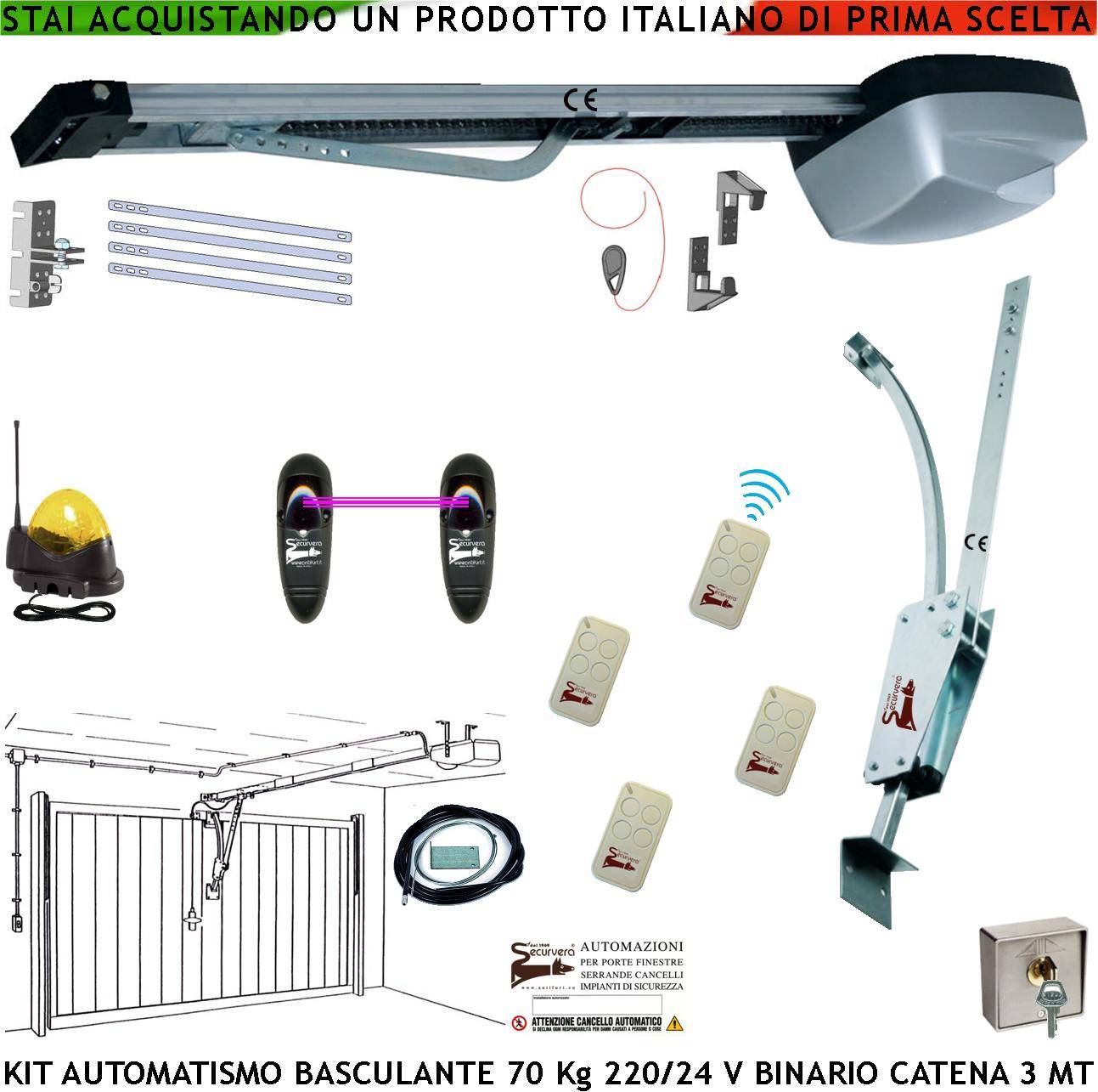 Kit Automatismo Motore 220/24 V da Soffitto per Cler Basculante 70 Kg 4 Radiocomandi Faro Antenna Selettore Binario Al-0