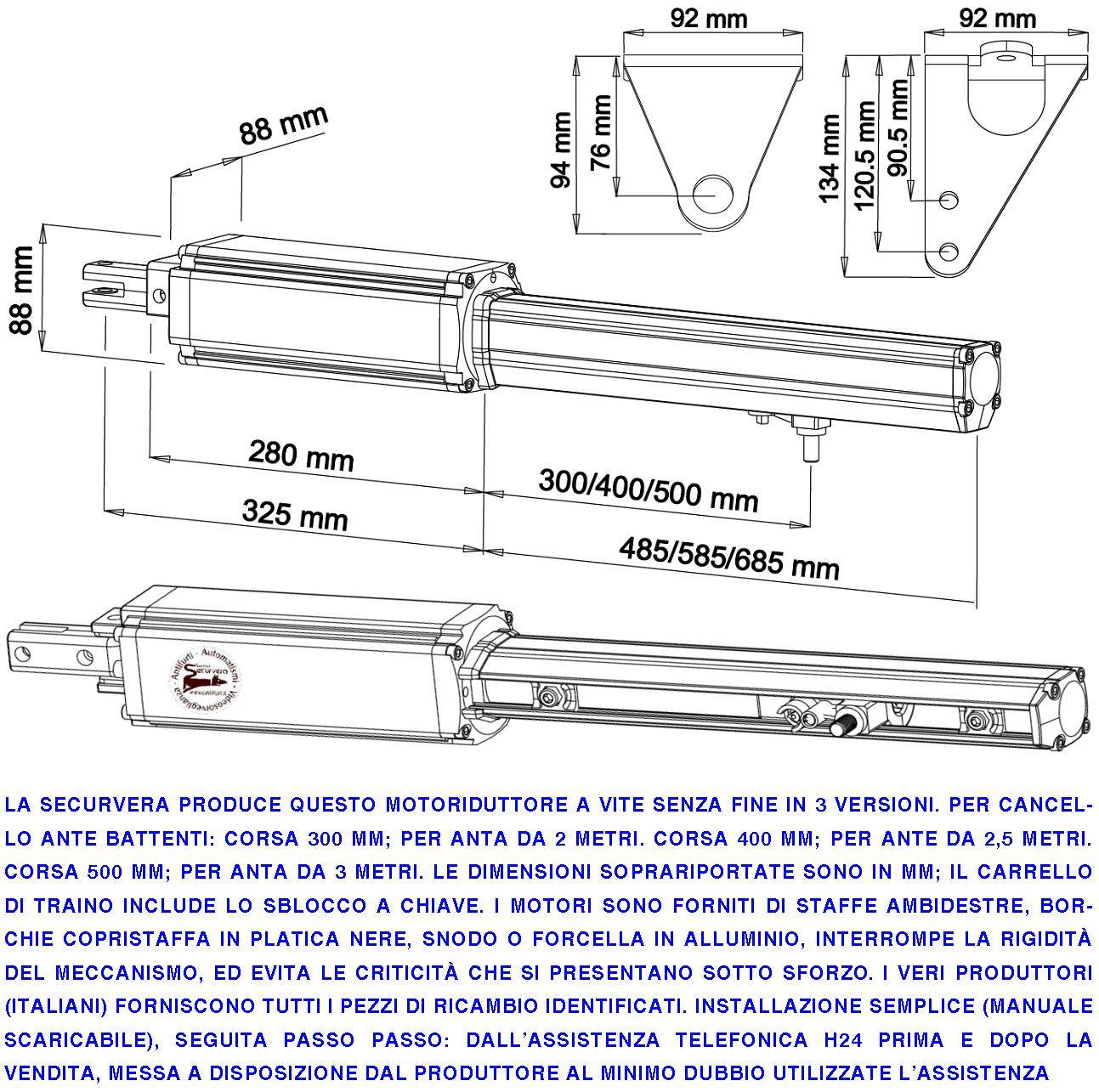 Motore Elettromeccanico Attuatore 24 Vcc Corsa 300 mm Ricambio Cancello Automatico Anta 2 Metri Sblocco a Chiave Ricam-1