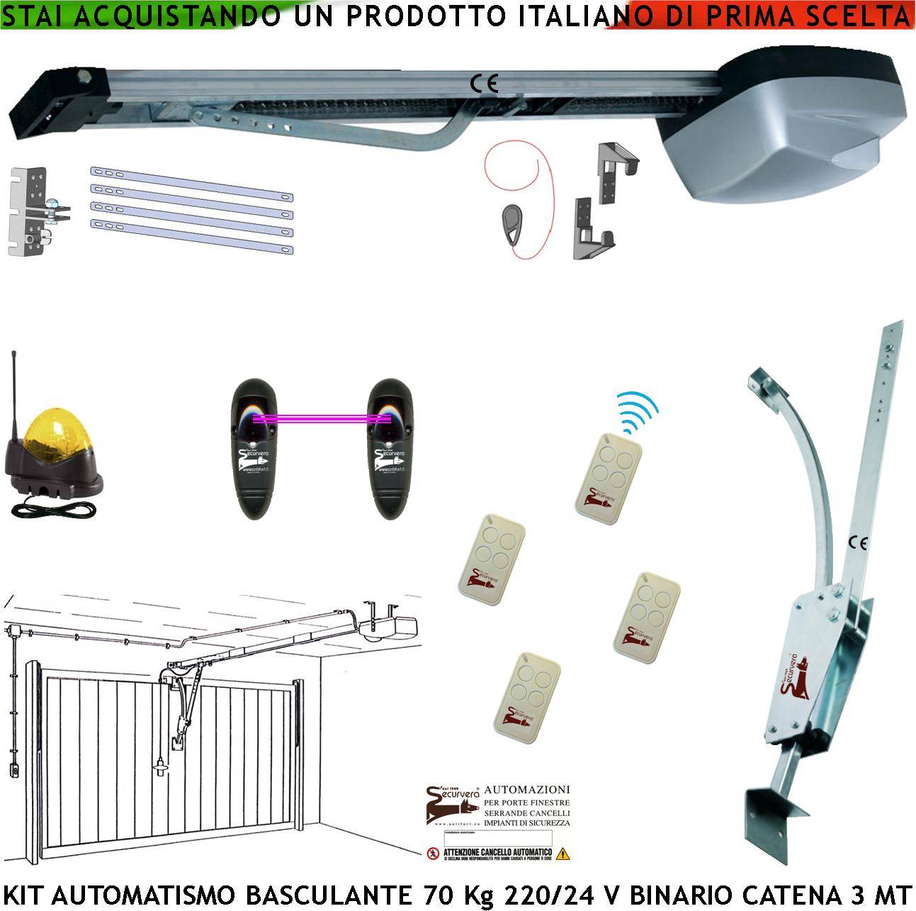 Kit Automazione Motore 220/24 V da Soffitto Per Cler Basculante 70 Kg Faro Antenna 4 Radiocomandi Fotocellule Archetto-0