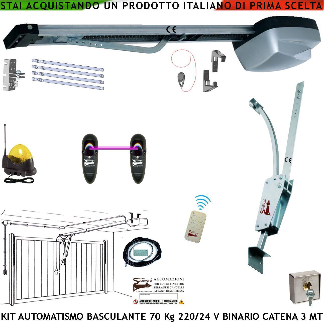 Kit Motore 220/24 V da Soffitto per Porta Basculante 70 Kg Automatica Selettore Binario Alluminio Catena Acciaio 3 Met-0