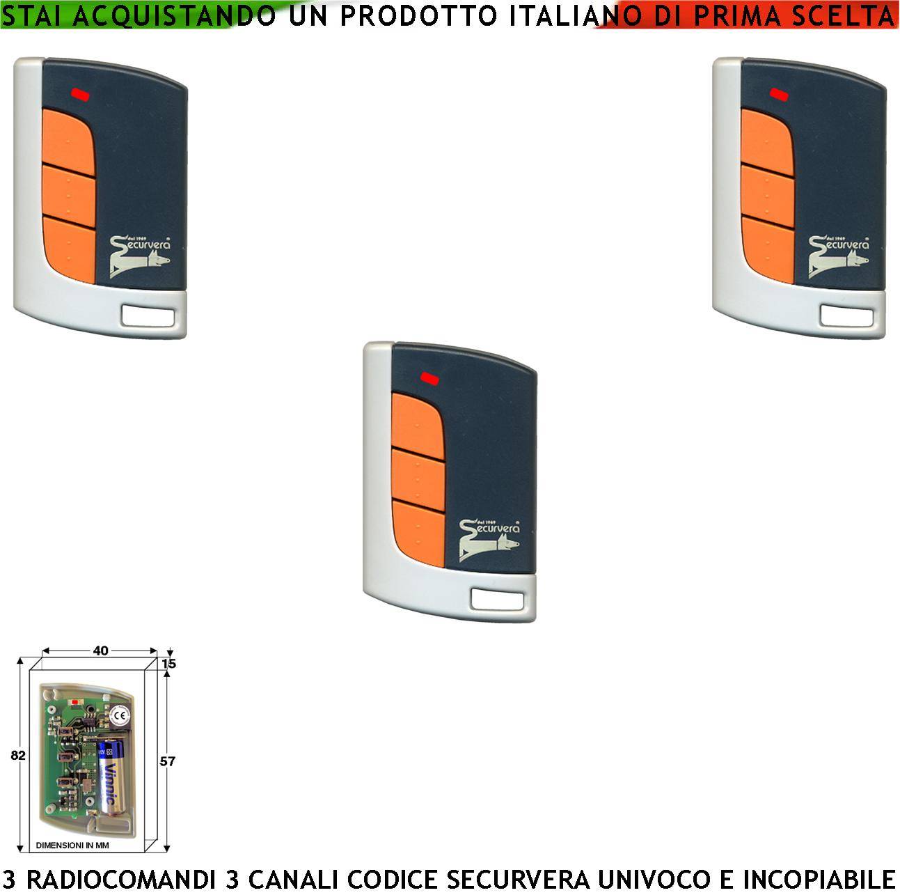 Radiocomando Cancello 3 Canali Tre Pezzi Frequenza 433,92 MHz Potenza 1 mW Portata Aria Libera 60/100 MT Codice Sicure-0