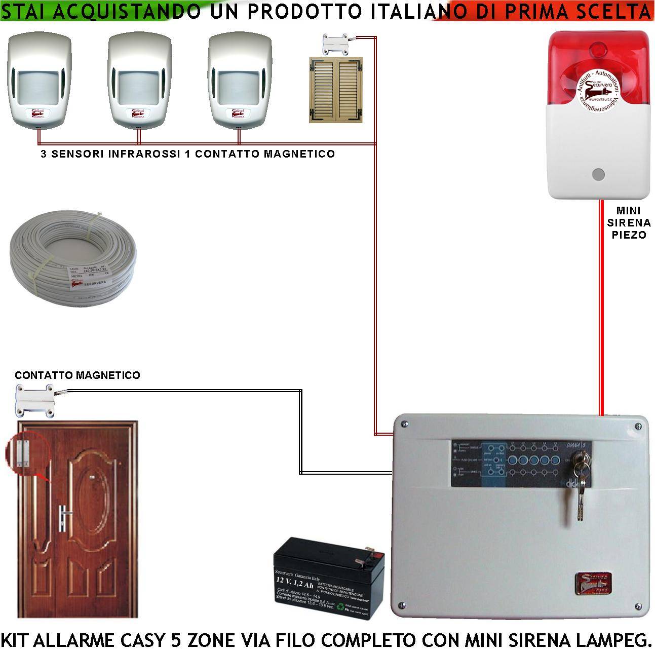 Antifurto Casy Kit Impianto Centrale 5 Zone 3 Sensori di Movimento Infrarossi Passivi 2 Contatti Magnetici Per Infissi-0