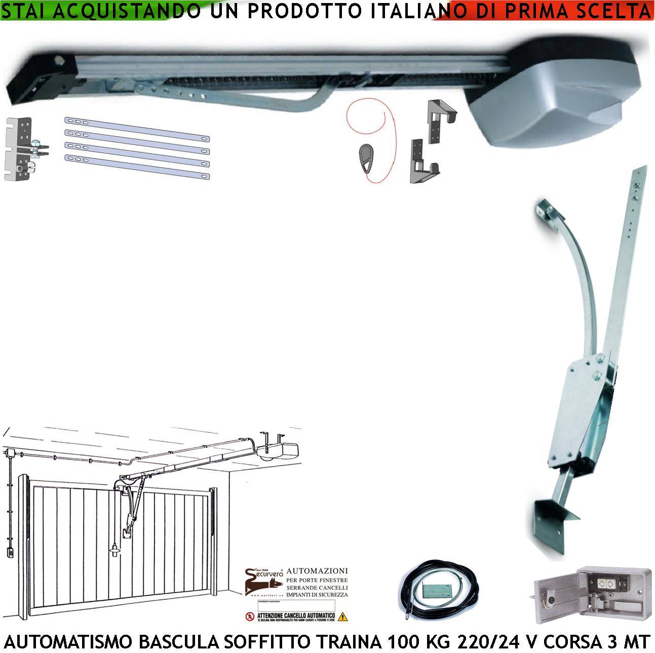 BASCULANTE AUTOMATISMO A SOFFITTO MOTORE AUTOREVERSE 220/24 V TRAINA 100 KG ARCHETTO KIT BLINDINO SBLOCCO DI EMERGENZA-0