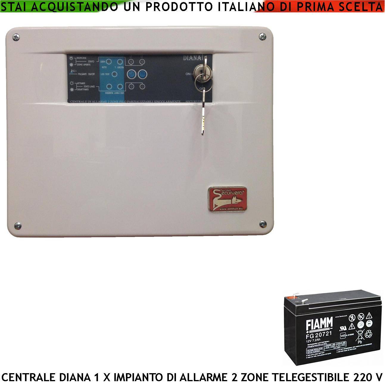 Centrale Diana Antifurto 2 Zone Batteria 12 V 7 Ah per Impianto di Allarme Filo. 2 Chiavi Meccaniche Gestisce Sensori-0