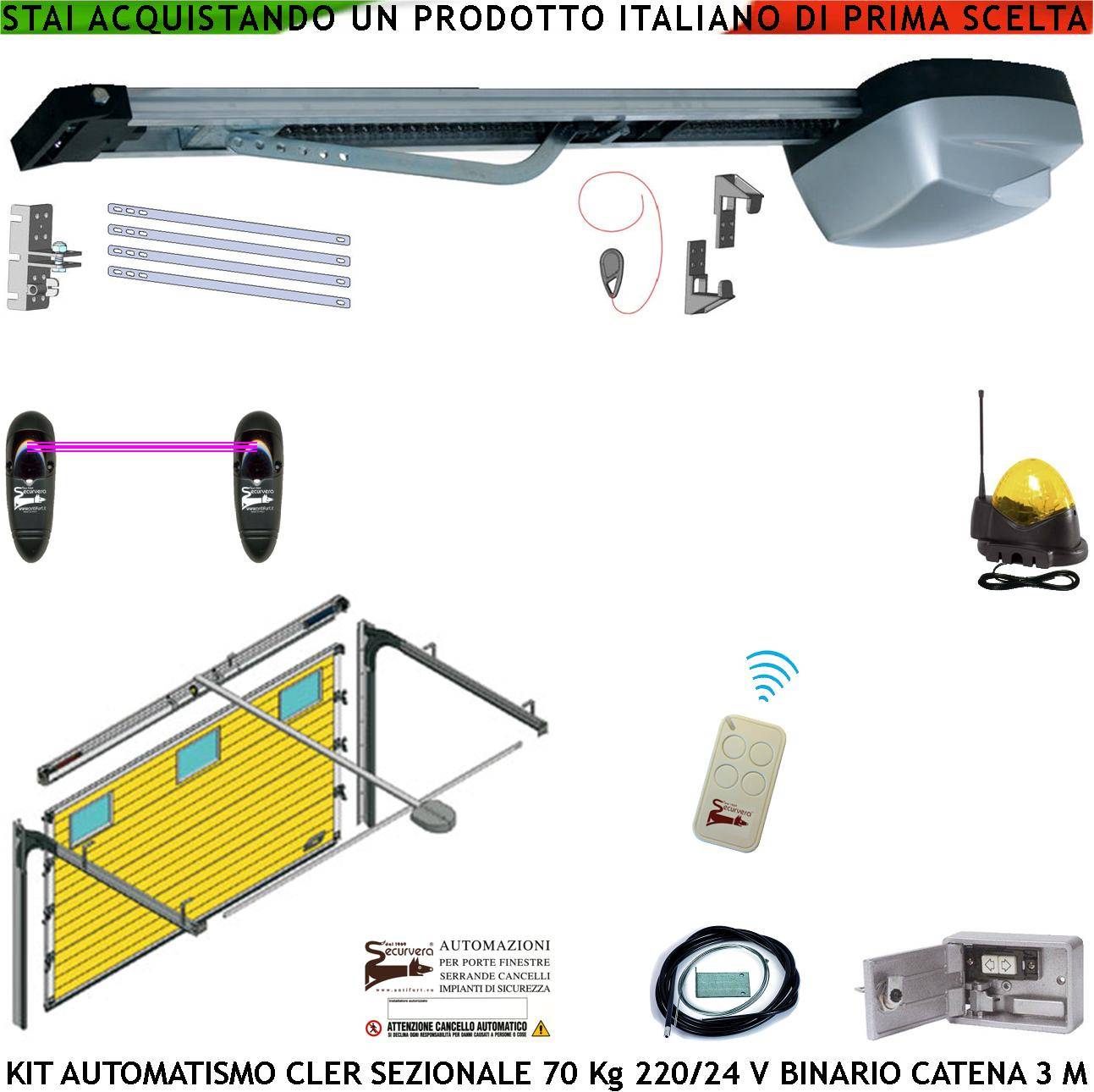 Porta Sezionale 70 Kg Kit Motore da Soffitto 220/24 V Radiocomando Fotocellule Faro Antenna Binario Alluminio 3 Metri-0