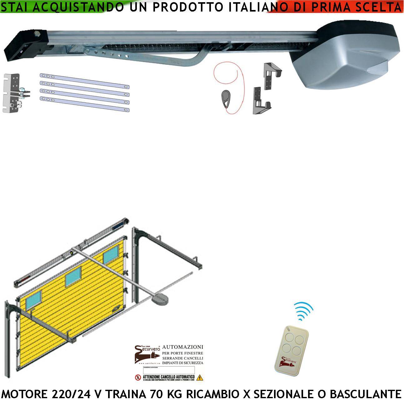 Kit Motore 220/24 V da Soffitto Ricambio Automazione x Porta Cler Basculante o Sezionale 70Kg Radiocomando Binario 3 M-0