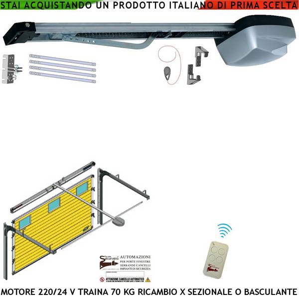 Kit Motore 220/24 V da Soffitto Ricambio Automazione x Porta Cler Basculante o Sezionale 70Kg Radiocomando Binario 3 M