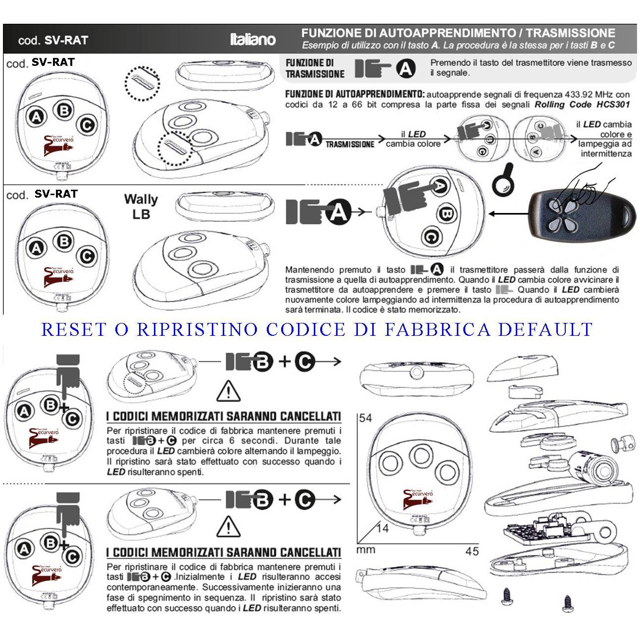 Radiocomandi Duplica Copia 3 canali 3 Pezzi Frequenza Trasmessa 433,92 MHz Potenza 1 mW Codice default Securvera 66 Bi-1