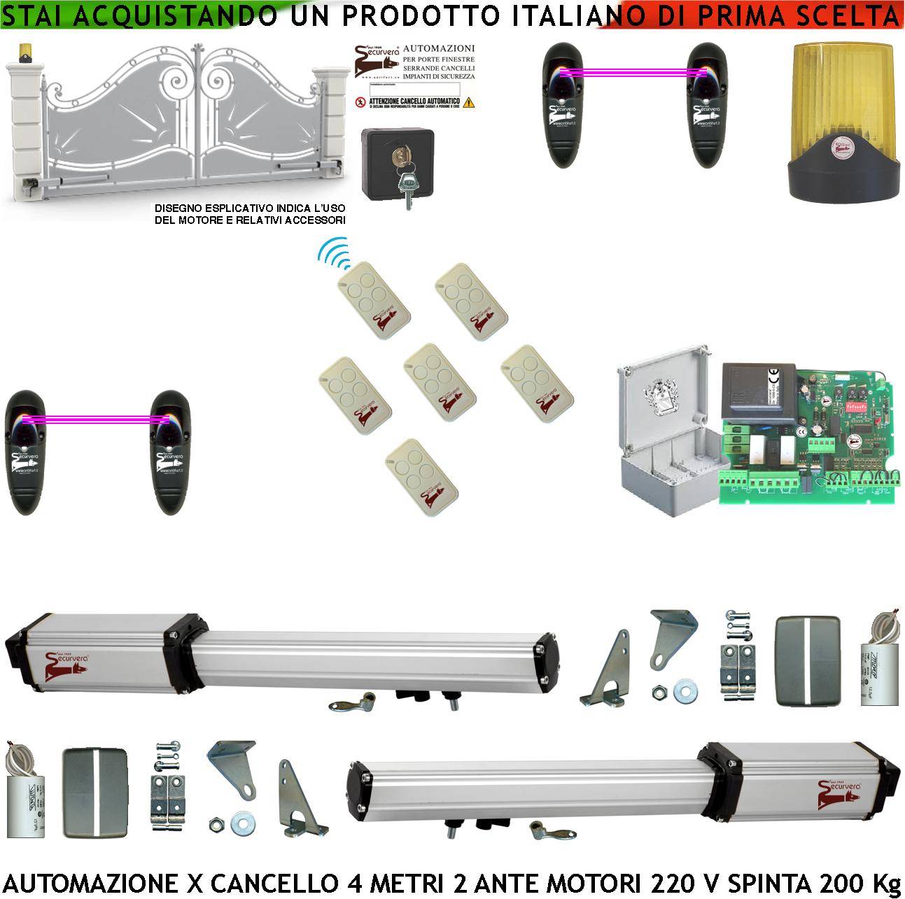 Cancello Automatico 4 Metri 2 Ante da 2 MT Kit Motori Elettromeccanici 230 V Corsa 300 mm Spinta 2 Q.li Sblocco Gruppo-0