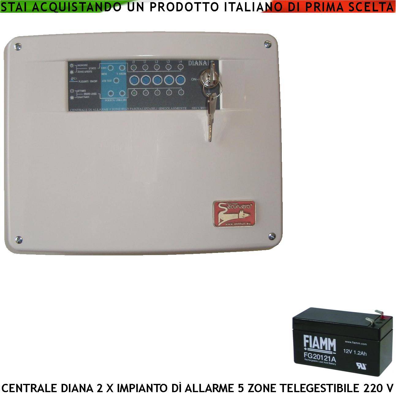 Centrale Diana Antifurto 5 Zone Batteria 12 V 1,2 Ah per Impianto di Allarme Filo. 2 Chiavi Meccaniche Gestisce Sensor-0